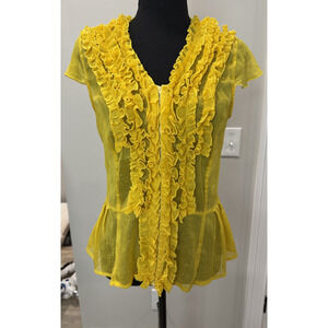 Vintage Y2K Sheer Yellow Top Cinched Waist Ruffles Romantic Fairycore Large USA